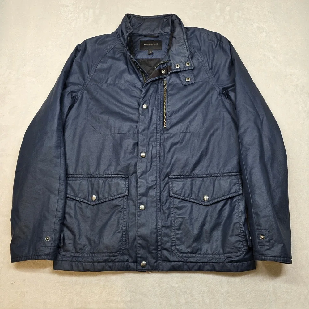 Banana Republic Utility‎ Jacket Mens Medium Blue Poly Coated Cotton Full Zip